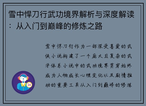 雪中悍刀行武功境界解析与深度解读：从入门到巅峰的修炼之路
